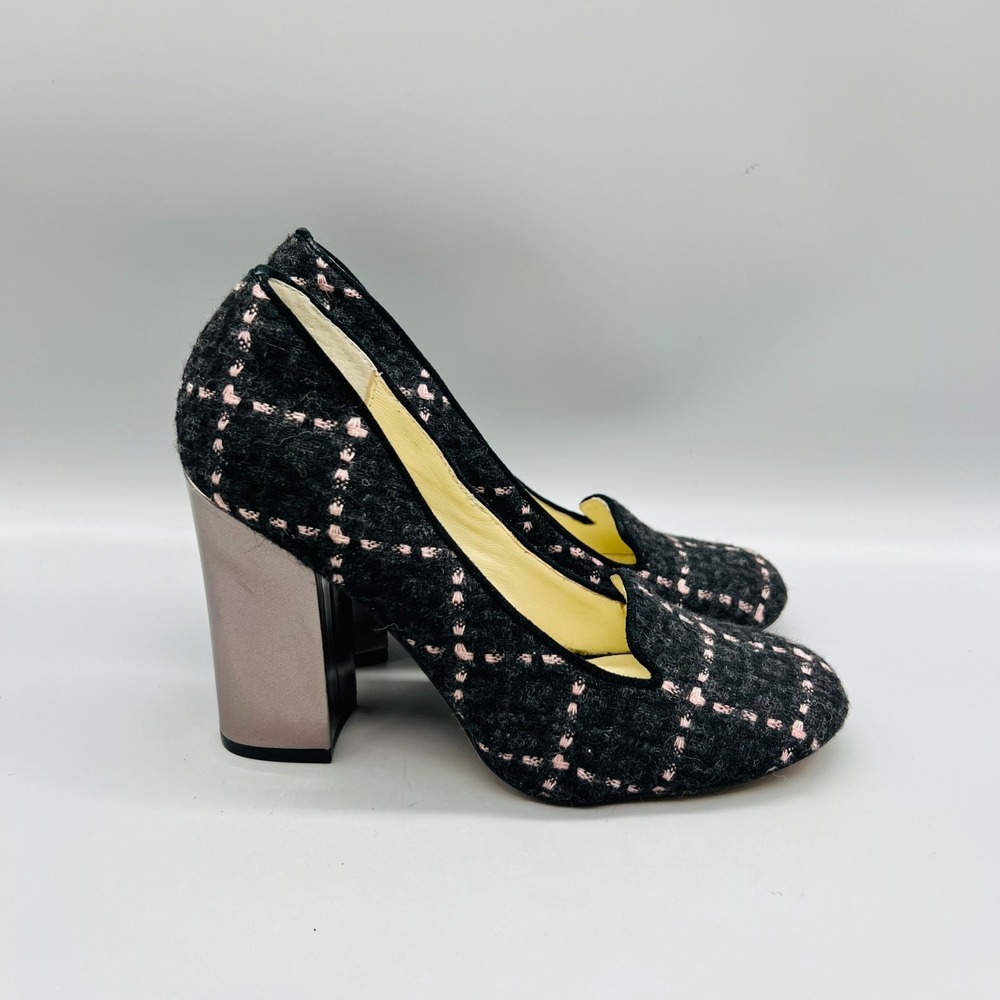 Bettye Muller Shoes Womens 7.5 Black Pink Plaid Wool Block Heels Anthropologie